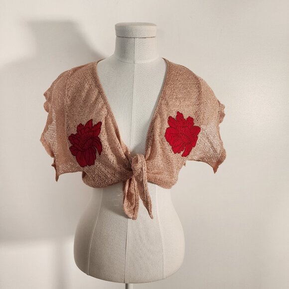 Aniye By Pink Sheer Shrug with Red Rose Patch Tie Front Coquette Feminine Size S - Picture 1 of 7